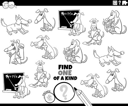 Black and white cartoon illustration of find one of a kind picture educational task with comic dogs animal characters coloring pageのイラスト素材