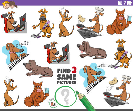 Cartoon illustration of finding two same pictures educational game with funny dogs comic animal charactersのイラスト素材