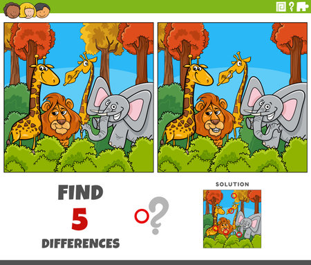 Cartoon illustration of finding the differences between pictures educational game with animal charactersのイラスト素材