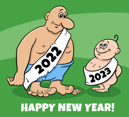 greeting card cartoon illustration with old year and New Yearのイラスト素材