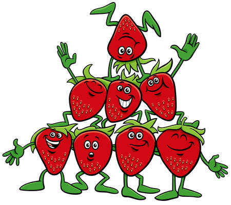 Cartoon illustration of happy strawberries or wild strawberries comic characters groupのイラスト素材
