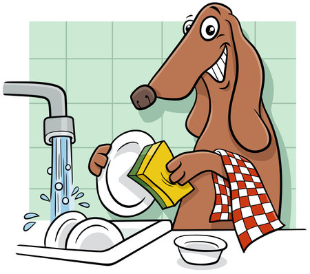 Cartoon illustration of funny dog animal character washing dishesのイラスト素材