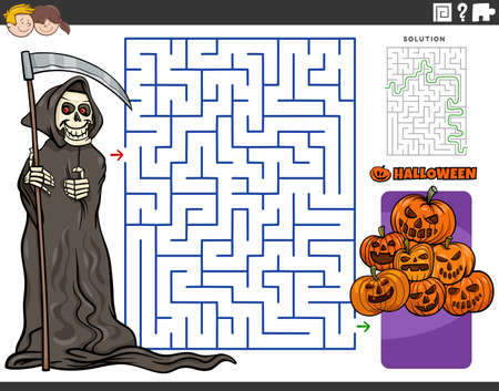 Cartoon illustration of educational maze puzzle game with Grim Reaper and jack o'lantern pumpkins on Halloween timeのイラスト素材