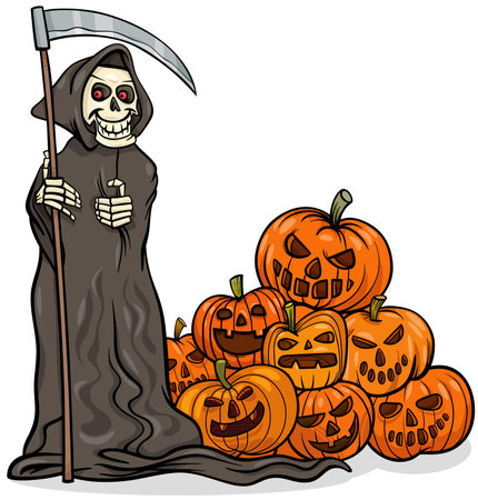 Cartoon illustration of funny grim reaper with scythe and pile of Halloween pumpkinsのイラスト素材