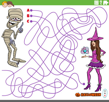 Cartoon illustration of lines maze puzzle with comic witch and mummy characters on Halloween timeのイラスト素材