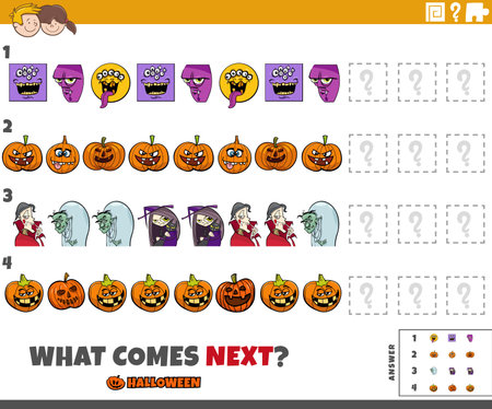 Cartoon illustration of completing the pattern educational game with scary Halloween charactersのイラスト素材