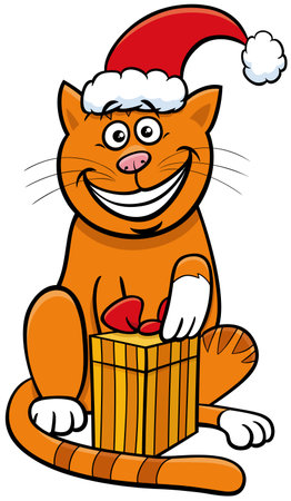 Cartoon illustration of funny cat animal character with Christmas presentのイラスト素材