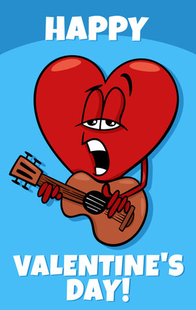 Valentines Day greeting card cartoon illustration with heart character in love playing a guitarのイラスト素材