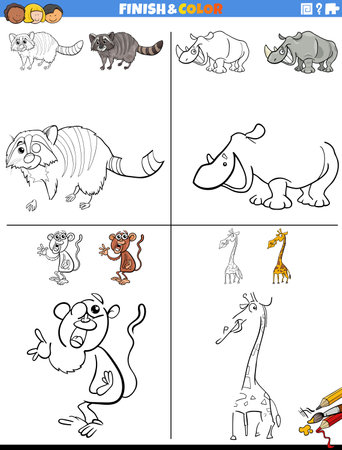Cartoon illustration of drawing and coloring educational worksheet with wild animal charactersのイラスト素材