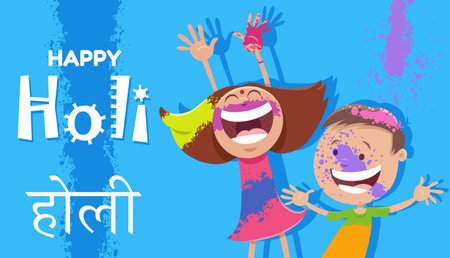 Cartoon illustration of Hindu Holi festival design with happy people charactersのイラスト素材