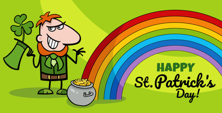 Cartoon illustration of Saint Patrick Day design with Leprechaun character with clover and pot of goldのイラスト素材