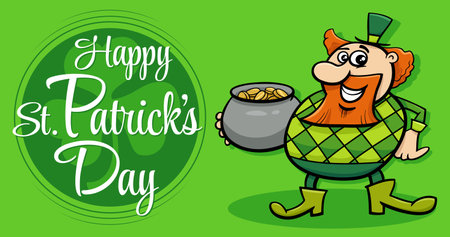 Cartoon illustration of Saint Patrick Day design with Leprechaun character with pot of goldのイラスト素材