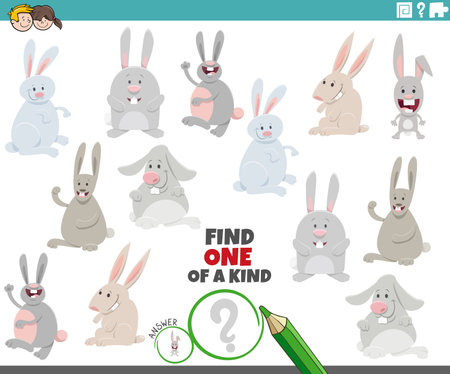 Cartoon illustration of find one of a kind picture educational game with cute rabbits animal charactersのイラスト素材