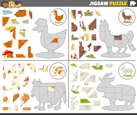 Cartoon illustration of educational jigsaw puzzle games set with cute farm animalsのイラスト素材