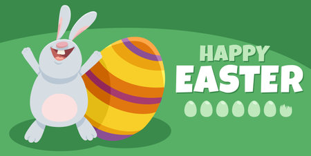 Cartoon illustration of happy Easter Bunny character with painted Easter eggs greeting card designのイラスト素材