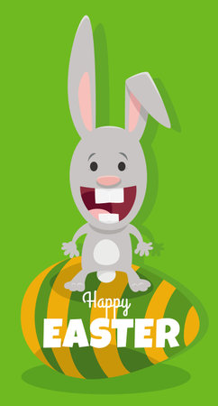 Cartoon illustration of happy Easter Bunny character on painted Easter egg greeting card designのイラスト素材