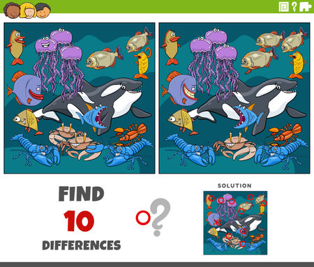 Cartoon illustration of finding the differences between pictures educational game with comic marine animal charactersのイラスト素材