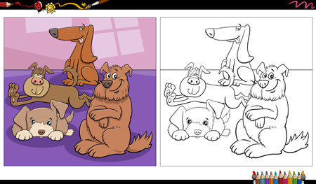 Cartoon illustration of funny dogs comic characters group indoor coloring pageのイラスト素材