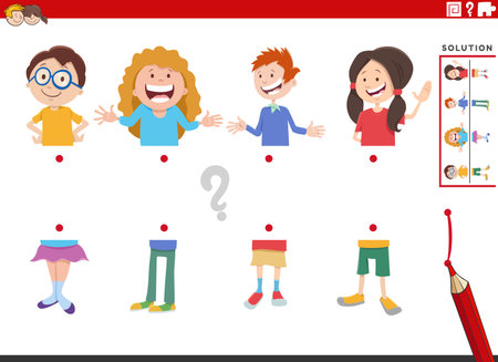 Cartoon illustration of educational game of matching halves of pictures with happy children charactersのイラスト素材