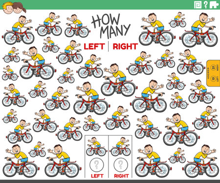 Cartoon illustration of educational game of counting left and right oriented pictures of a boy character riding a bicycleのイラスト素材
