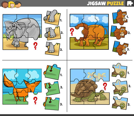 Cartoon illustration of educational jigsaw puzzle games set with wild animal charactersのイラスト素材