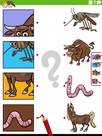 Cartoon illustration of educational matching game with animal characters and pictures clippingsのイラスト素材