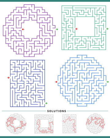 Illustration of maze puzzle games graphs set with solutionsのイラスト素材