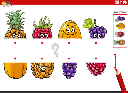 Cartoon illustration of educational game of matching halves of pictures with fruit charactersのイラスト素材