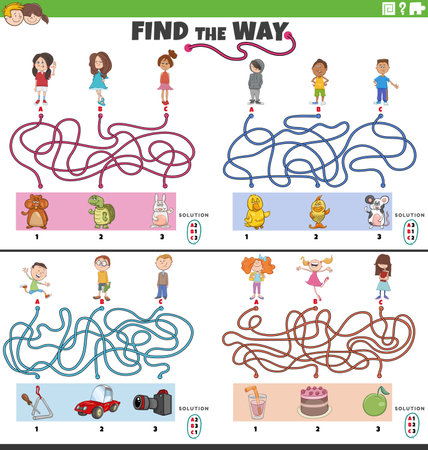 Cartoon illustration of find the way maze puzzle games set with children charactersのイラスト素材