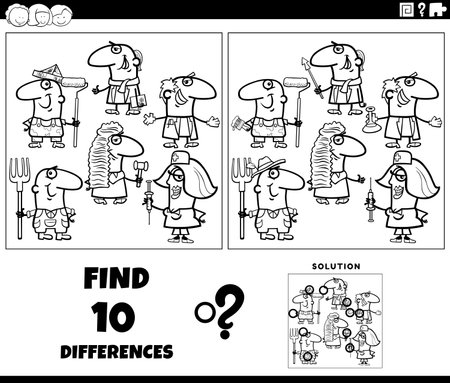 Black and white cartoon illustration of finding the differences between pictures educational game with people of different professions characters group coloring pageのイラスト素材