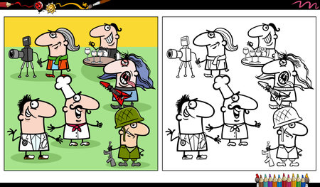 Cartoon illustration of funny people of different professions characters group coloring pageのイラスト素材