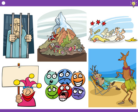 Illustration set of humorous cartoon concepts or metaphors and ideas with comic charactersのイラスト素材