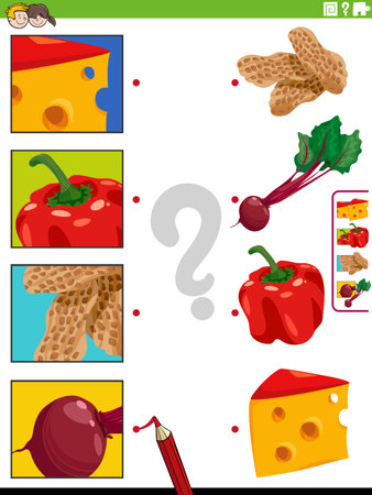 Cartoon illustration of educational matching game with food objects and pictures clippingsのイラスト素材