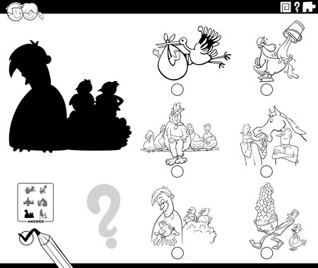 Black and white cartoon illustration of finding the right picture to the shadow educational game with comic concepts coloring pageのイラスト素材
