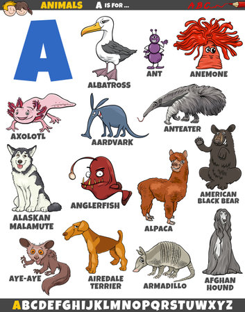 Cartoon illustration of animal characters set for letter Aのイラスト素材