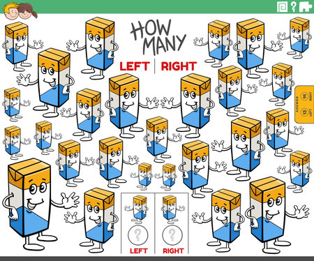 Cartoon illustration of educational activity of counting left and right oriented pictures of comic carton of milkのイラスト素材