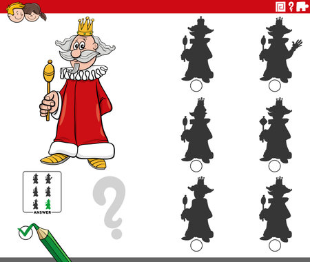 Cartoon illustration of finding the right picture to the shadow educational game with king characterのイラスト素材