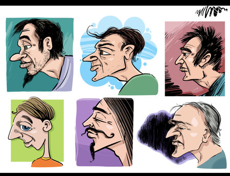 sketch cartoon illustration of people characters caricature profiles portraits setのイラスト素材