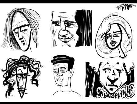 black and white sketch cartoon illustration of people characters caricature or portraits setのイラスト素材