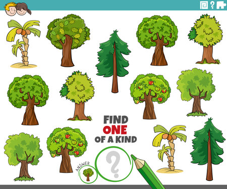 Cartoon illustration of find one of a kind picture educational activity with treesのイラスト素材