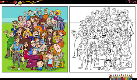 Cartoon illustrations of funny crowd of people comic characters group coloring pageのイラスト素材