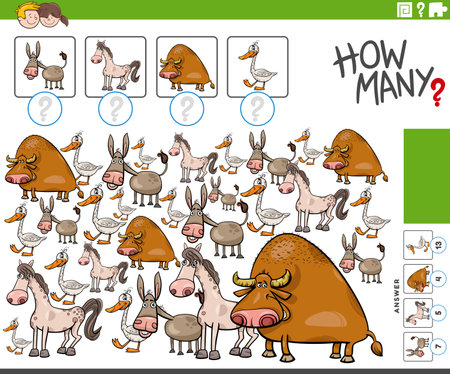 Cartoon illustration of educational counting game with comic farm animal charactersのイラスト素材