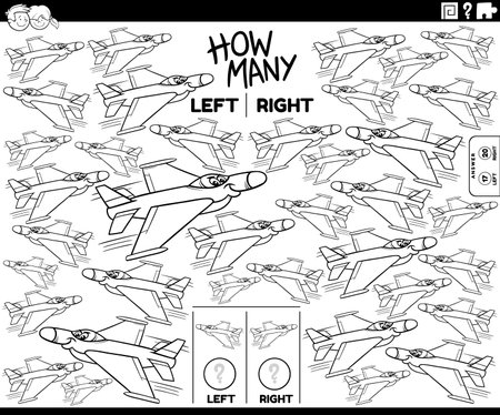 Cartoon illustration of educational game of counting left and right oriented pictures of boy character with jet fighter plane coloring pageのイラスト素材
