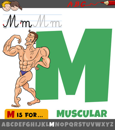 Educational cartoon illustration of letter M from alphabet with muscular manのイラスト素材