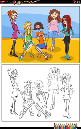 Cartoon illustrations of funny young women or girls characters group coloring pageのイラスト素材
