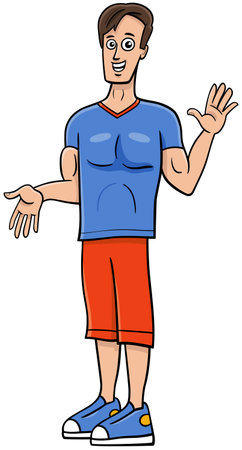 Cartoon illustration of young man with comic characterのイラスト素材