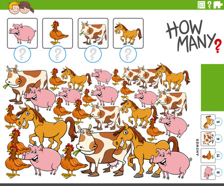 Cartoon illustration of educational counting activity with comic farm animal charactersのイラスト素材