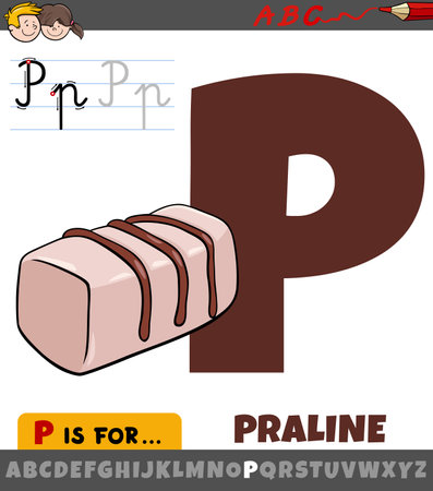 Educational cartoon illustration of letter P from alphabet with praline sweet foodのイラスト素材