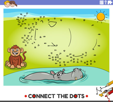 Cartoon illustration of educational connect the dots activity with hippopotamus and monkey animal charactersのイラスト素材