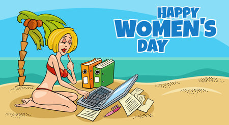 Women's Day greeting card or banner design with cartoon woman or businesswoman character at work on the beachのイラスト素材